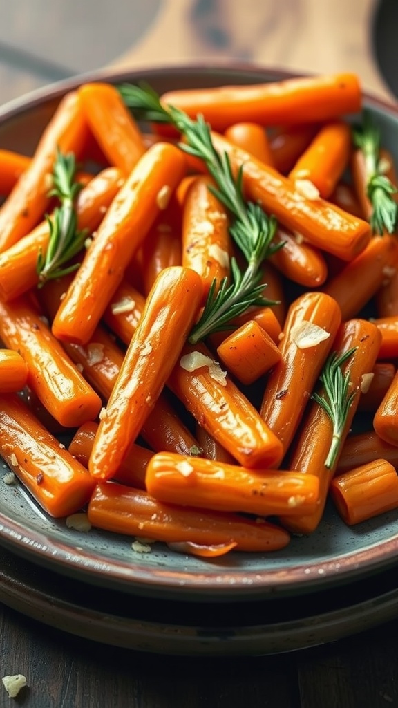 Savory Rosemary-Garlic Sautéed Baby Carrots Recipe Sautéed baby carrots with rosemary and garlic on a rustic plate.